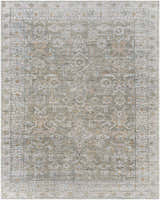 Close-up of the Tisha Washable Area Rug. Farmhouse style rug with traditional patterns in gray, tan, and silver. Design-Rectangle