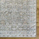 Close-up of the Tisha Washable Area Rug. Farmhouse style rug in gray, silver, and tan with a traditional pattern. Swatch