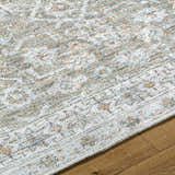 Close-up of the Tisha Washable Area Rug. Traditional gray, light silver, and tan pattern on a soft polyester rug. Texture