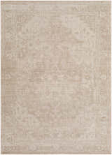 Close-up of the Tanko Washable Wool Area Rug. Beige, ivory, and tan colors with a traditional, distressed pattern. Design-Rectangle-57