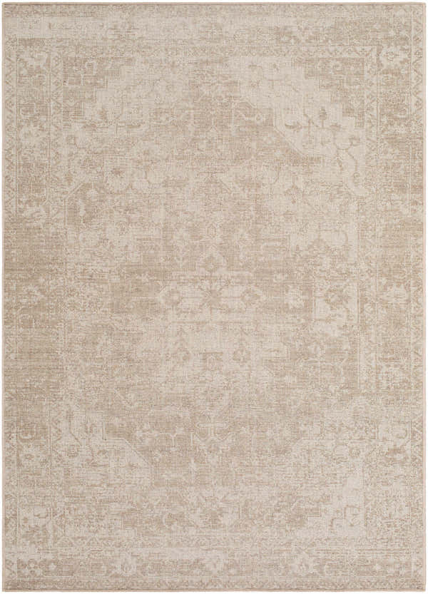 Close-up of the Tanko Washable Wool Area Rug. Beige, ivory, and tan colors with a traditional, distressed pattern. Design-Rectangle-57