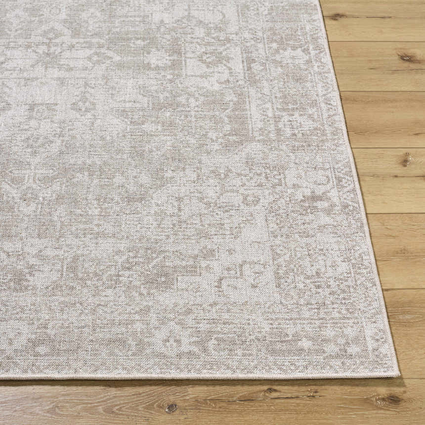 Close-up of the beige and ivory Tanko Washable Wool Area Rug showing its traditional pattern and hand-woven texture. Front