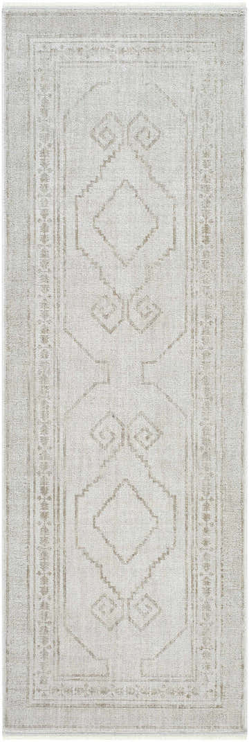 Close-up of the Taban Luxe Rug. Ash, light silver, and silver gray geometric pattern. Farmhouse style. Design-Runner-27710