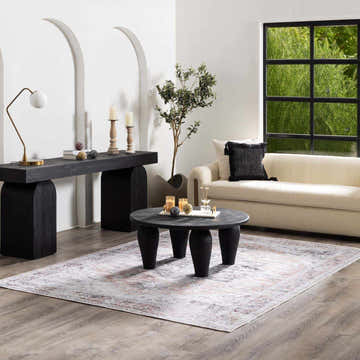 Living room scene with a beige sofa and the beige, charcoal Fatih Washable Area Rug. Roomscene-Rectangle