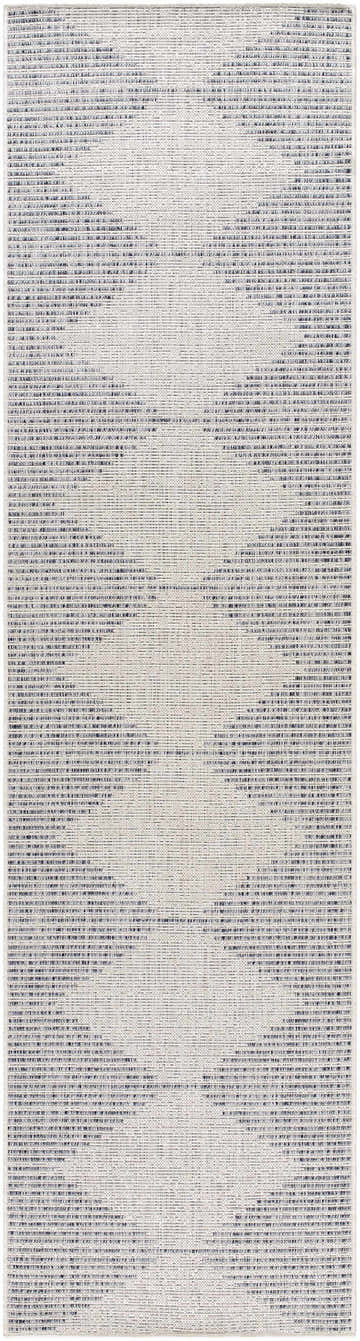 Close-up of the Stephan Gray & Blue Outdoor Rug, showcasing its woven texture and geometric pattern in gray, blue, and off-white. Design-Runner-2710