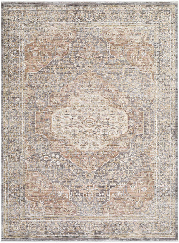 Close-up of the Tulio Area Rug. Traditional design in cream, dark red, gray, mustard, and orange hues. Machine woven polyester rug. Design-Rectangle-537