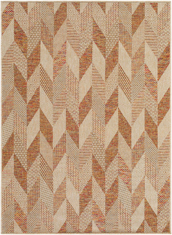 Close-up of the Andrea Burnt Sienna Area Rug. Geometric pattern in beige, rust, and terracotta hues. Machine woven texture. Design-Rectangle-57