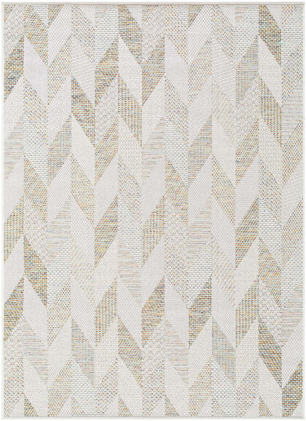 Close-up of Andrea Ivory Area Rug featuring a geometric pattern in ivory, sage, sandstone, sky blue, and taupe. Design-Rectangle-57