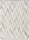 Close-up of Andrea Ivory Area Rug featuring a geometric pattern in ivory, sage, sandstone, sky blue, and taupe. Design-Rectangle-57
