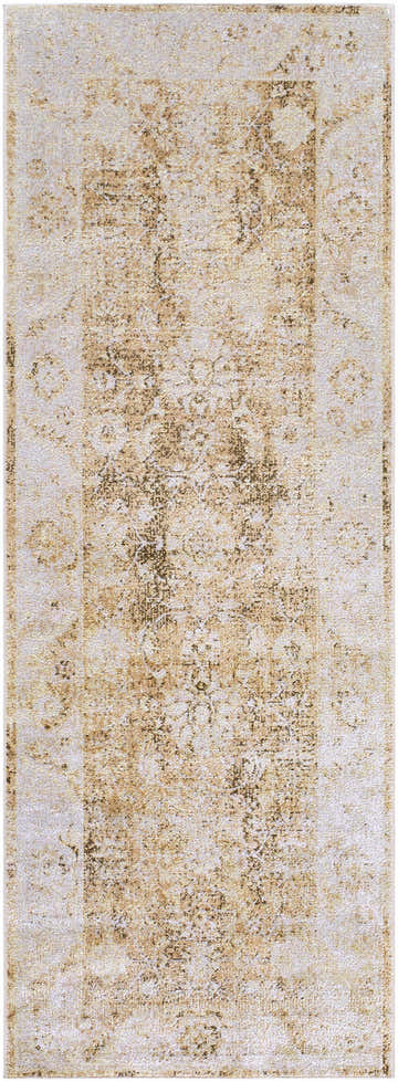 Close-up of the Aniyah Washable Area Rug; farmhouse style with ash, pearl, prairie dust, and tan tones. Design-Runner-2773