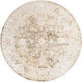 Close-up of round Aniyah Washable Area Rug. Farmhouse style rug in ash, pearl, prairie dust, and tan colors. Design-Round-67