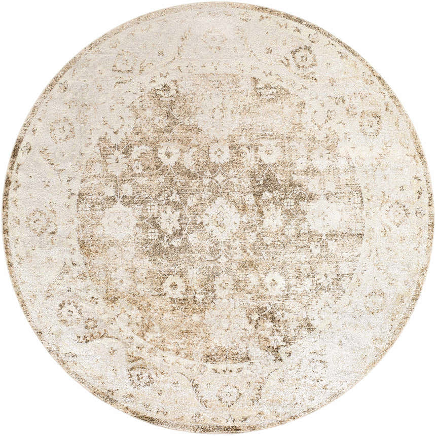 Close-up of round Aniyah Washable Area Rug. Farmhouse style rug in ash, pearl, prairie dust, and tan colors. Design-Round-67