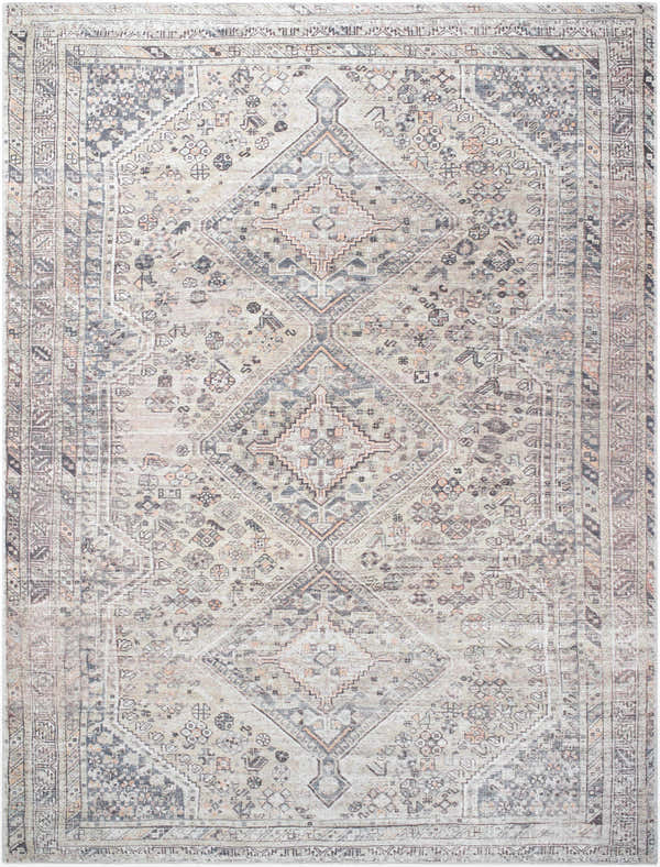 Close-up of the Trula Washable Area Rug - Vivir x Livabliss. Beige and light gray traditional farmhouse pattern. Design-Rectangle-71010