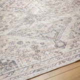 Close-up of the Trula Washable Area Rug. Beige and light gray traditional pattern with a woven texture. Vivir x Livabliss rug. Texture