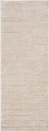 Close-up of the Cascade Machine Woven PNW Home x LIVABLISS PNWCS-2306 Area Rug in beige and light brown, with subtle horizontal lines. Design-Runner-2773