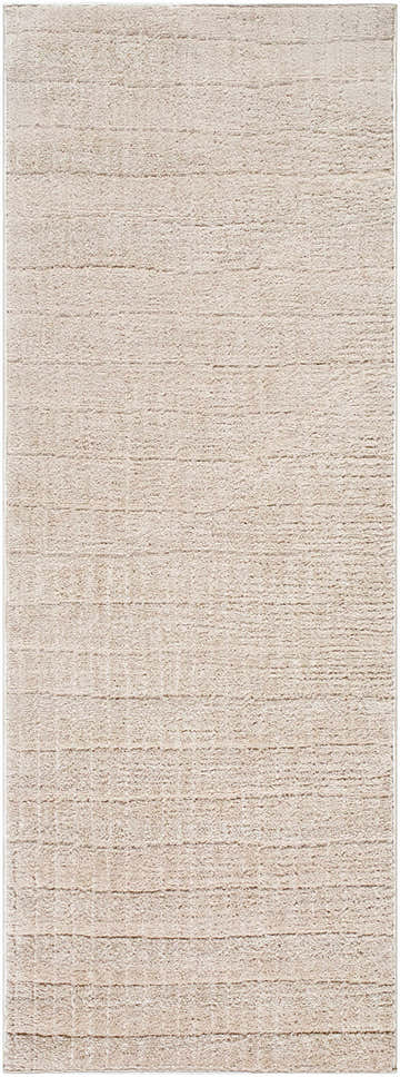 Close-up of the Cascade Machine Woven PNW Home x LIVABLISS PNWCS-2306 Area Rug in beige and light brown, with subtle horizontal lines. Design-Runner-2773