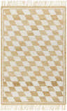 Close-up of the Tiria Diamond Checkered Jute Tasseled Rug. Camel and off-white diamond pattern with jute texture. Design-Rectangle-576