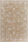 Close-up of the Tylie Tan Area Rug. Cream and tan floral pattern with an olive and light brown border. Design-Rectangle-6796
