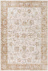 Close-up of the Tylie Blue Area Rug, a farmhouse style rug with cream, tan, and light brown floral pattern. Design-Rectangle-6796