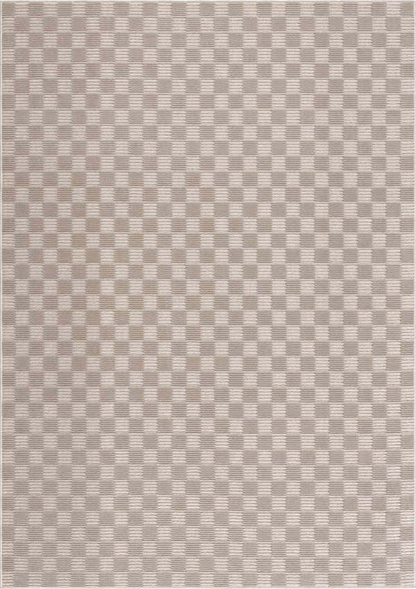 Close-up of Truls 3D Checkered Washable Rug - Biscotti. Beige, cream, and peach checkered pattern. Machine woven polyester rug. Design-Rectangle-5373