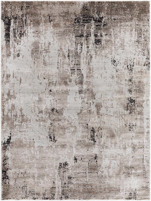 Close-up of the Taszi Luxe Thick Area Rug. Contemporary design with black, ivory, peach, and tan colors. Machine woven texture. Design-Rectangle-537