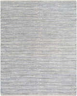 Close-up of the hand woven Totolan Area Rug. Jute rug with beige, denim, and black horizontal stripes. Design-Rectangle-810