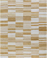 Close-up of Kamey Handmade Becki Owens x LIVABLISS BOKY-2307 Area Rug. Jute rug with ivory, sandstone, and yellow geometric pattern. Design-Rectangle-810