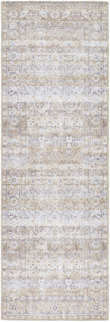 Close-up of the Tywin Vintage Flat Pile Washable Rug. Beige, charcoal, and cream traditional pattern. Machine woven polyester. Design-Runner-27710