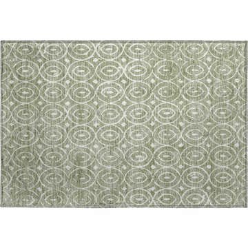 Close-up of Dalyn Luxury Indoor/Outdoor The Reserve TR12 Fern Washable Area Rug. Green rug with geometric circle pattern.