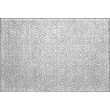 Close-up of Dalyn Luxury The Reserve TR12 Silver Washable Area Rug. Geometric pattern in silver gray and white.