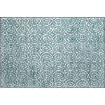 Dalyn Luxury The Reserve TR12 Turquoise Washable Area Rug with a geometric circle and diamond pattern. Aqua and white.