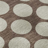 Close-up of Dalyn Luxury Indoor/Outdoor The Reserve TR13 Coffee Washable Area Rug with beige circles on a coffee background.