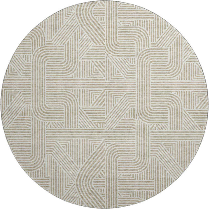 Round Dalyn Luxury The Reserve TR14 Putty rug with a beige geometric pattern of lines and curves.