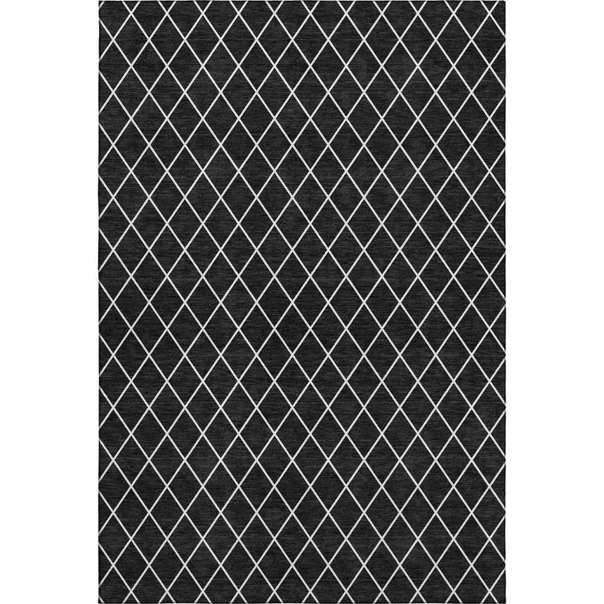 Close-up of Dalyn Luxury Indoor/Outdoor The Reserve TR15 Black Washable Area Rug with white geometric diamond pattern.