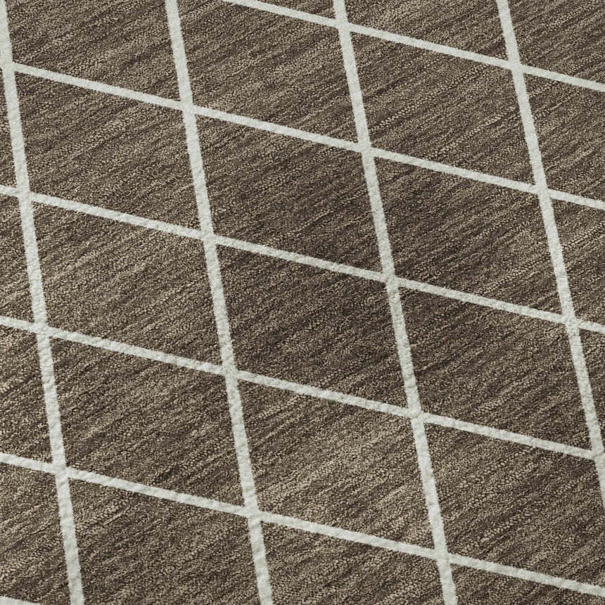 Close-up of Dalyn Luxury The Reserve TR15 Brown Washable Area Rug. Geometric design with dark brown and beige tones.