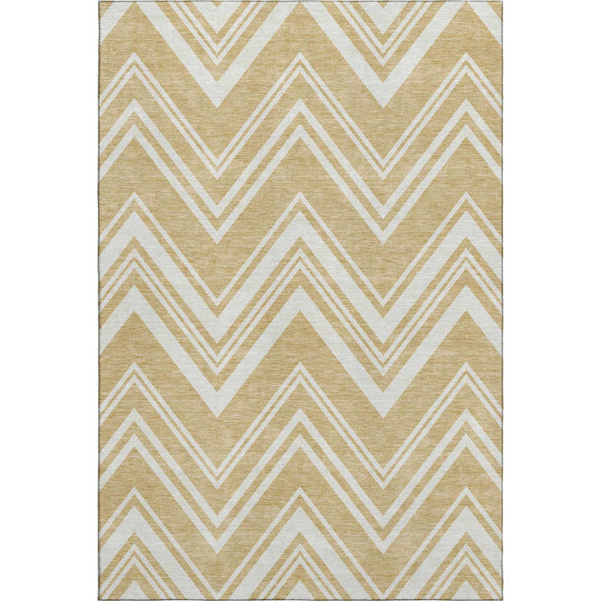 Dalyn Luxury The Reserve TR17 Honey rug with a geometric chevron pattern in chestnut and yellow. Washable indoor/outdoor rug.