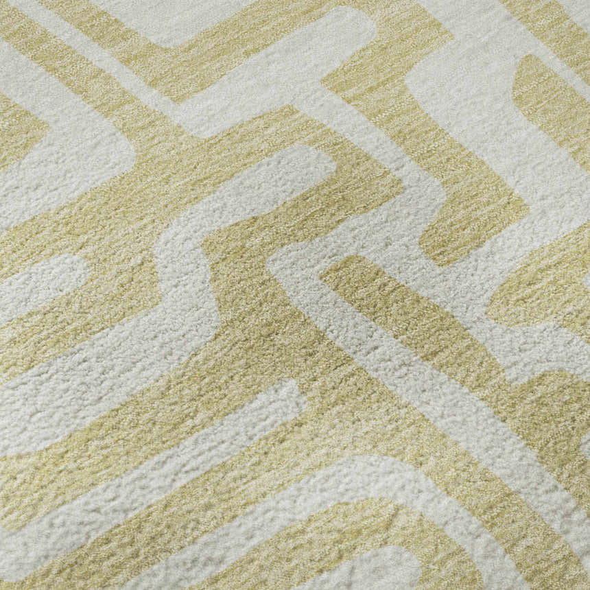 Close-up of Dalyn Luxury The Reserve TR1 Wheat Washable Area Rug. Geometric design in wheat and ivory. Soft texture.