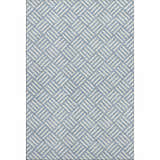 Close-up of Dalyn Luxury The Reserve TR3 Denim Washable Area Rug. Geometric pattern in denim blue and white.