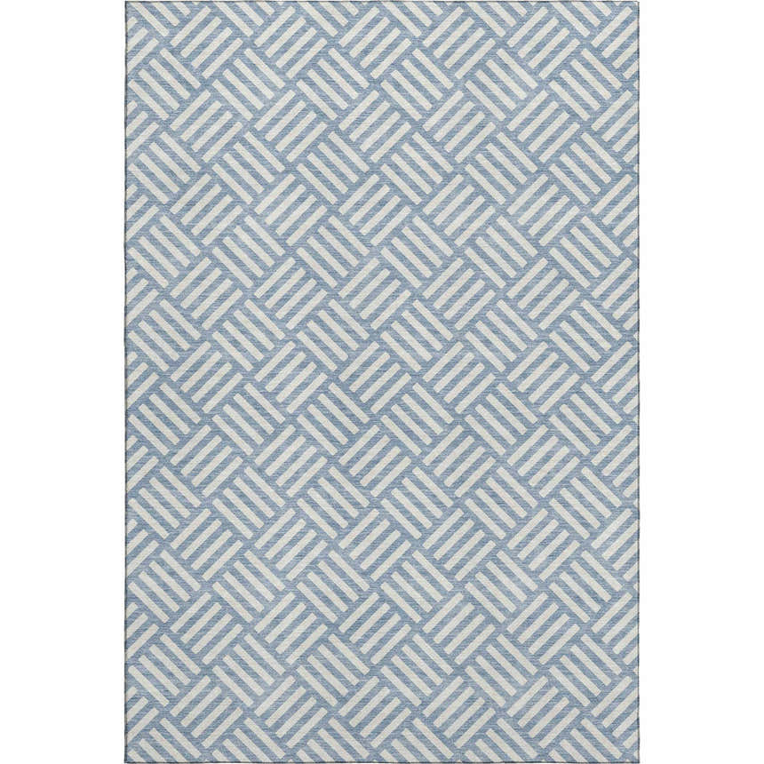 Close-up of Dalyn Luxury The Reserve TR3 Denim Washable Area Rug. Geometric pattern in denim blue and white.