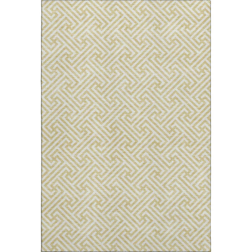 Close-up of Dalyn Luxury The Reserve TR5 Wheat Washable Area Rug with a geometric maze pattern in wheat and white.