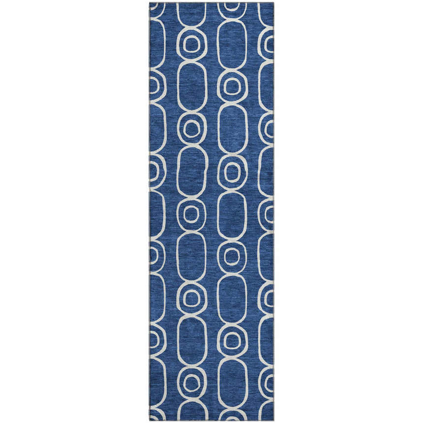 Dalyn Luxury The Reserve TR6 Navy Washable Area Rug with a geometric circle and oval pattern.