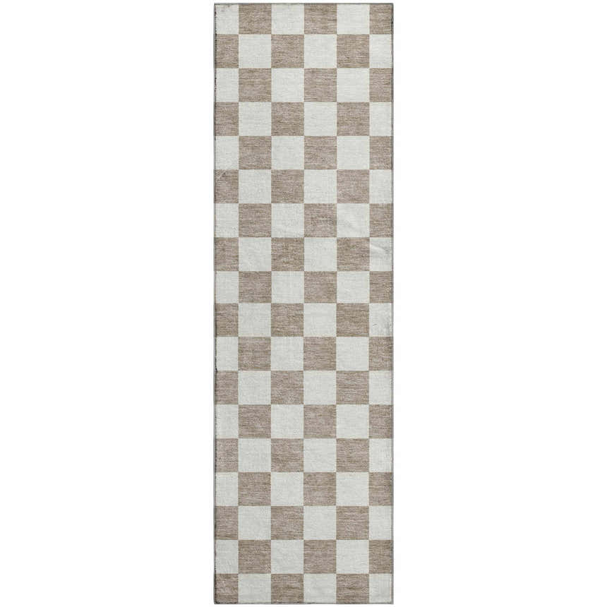 Close-up of Dalyn Luxury The Reserve TR7 Khaki Washable Area Rug with a tan and khaki checkerboard geometric pattern.