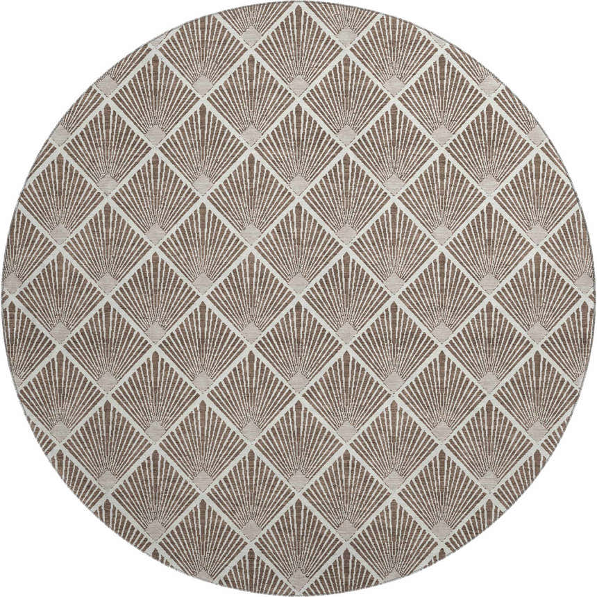 Close-up of the round Dalyn Luxury The Reserve TR9 Brown Washable Area Rug with a geometric fan pattern in beige and dark brown.