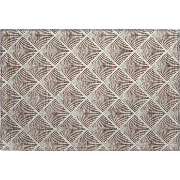 Dalyn Luxury The Reserve TR9 Brown Washable Area Rug with geometric fan pattern in beige and dark brown.