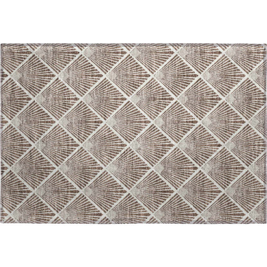 Dalyn Luxury The Reserve TR9 Brown Washable Area Rug with geometric fan pattern in beige and dark brown.