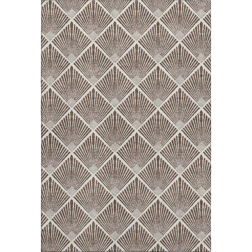 Close-up of Dalyn Luxury The Reserve TR9 Brown Washable Area Rug. Geometric fan pattern in beige and dark brown.