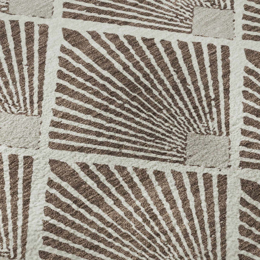 Close-up of Dalyn Luxury The Reserve TR9 Brown Washable Area Rug with geometric sunburst pattern in beige and dark brown.