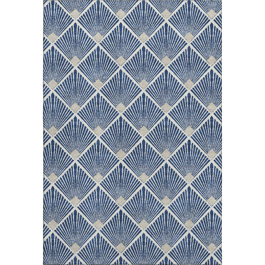 Close-up of Dalyn Luxury Indoor/Outdoor The Reserve TR9 Navy Washable Area Rug with geometric fan pattern.