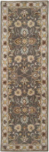 Close-up of the Cherryfield Hand Tufted Taupe Wool Rug. Features a traditional floral pattern with taupe, beige, and yellow tones. Design-Runner-268