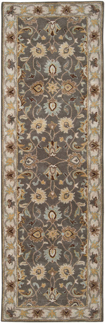 Close-up of the Cherryfield Hand Tufted Taupe Wool Rug. Features a traditional floral pattern with taupe, beige, and yellow tones. Design-Runner-268